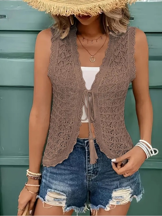 None Sweaters - SUMMER Tan Polyester Knit Sleeveless Tie Front Cardigan Size Large